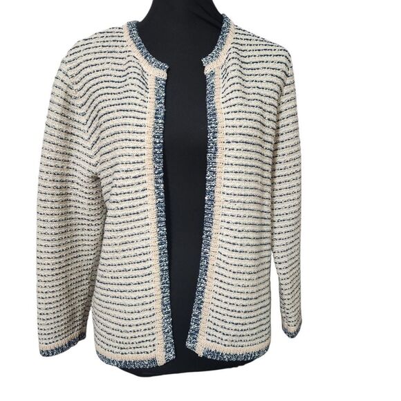 Ann Taylor Factory Blazer Sweater Cardigan Medium Striped Peach Teal Cream - Picture 1 of 11